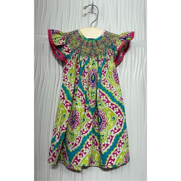 LE ZA ME MULTI-COLOR PRINT SMOCKED DRESS -12M - Picture 1 of 9